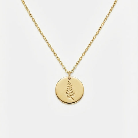 Gold necklace with a round pendant on a white background
